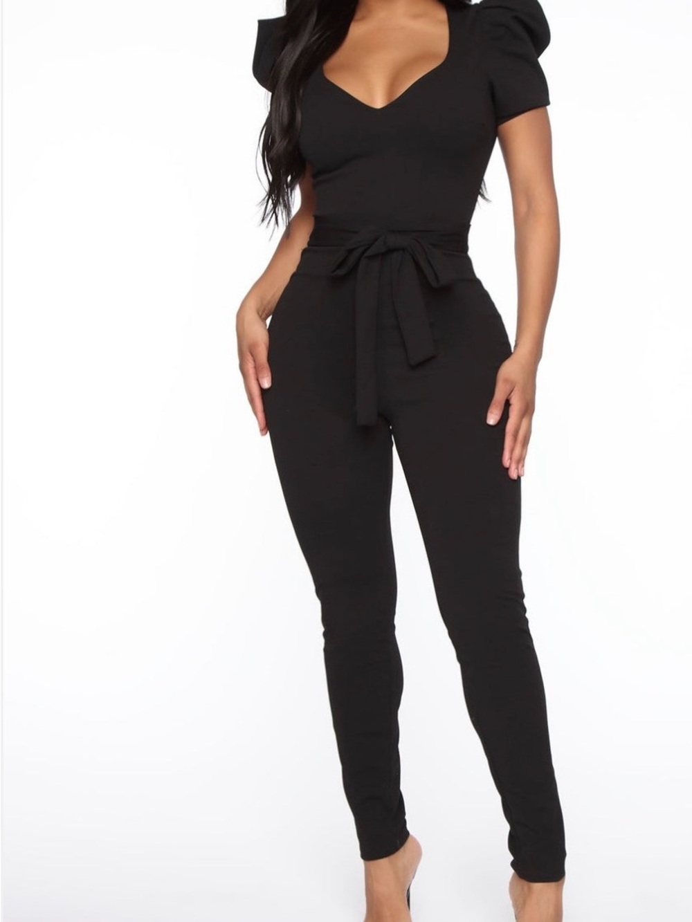 Women’s Black Puff Sleeve Jumpsuit with Tie Waist